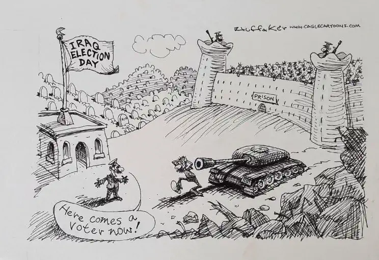 Spotprenten met het onderwerp de Irak oorlog