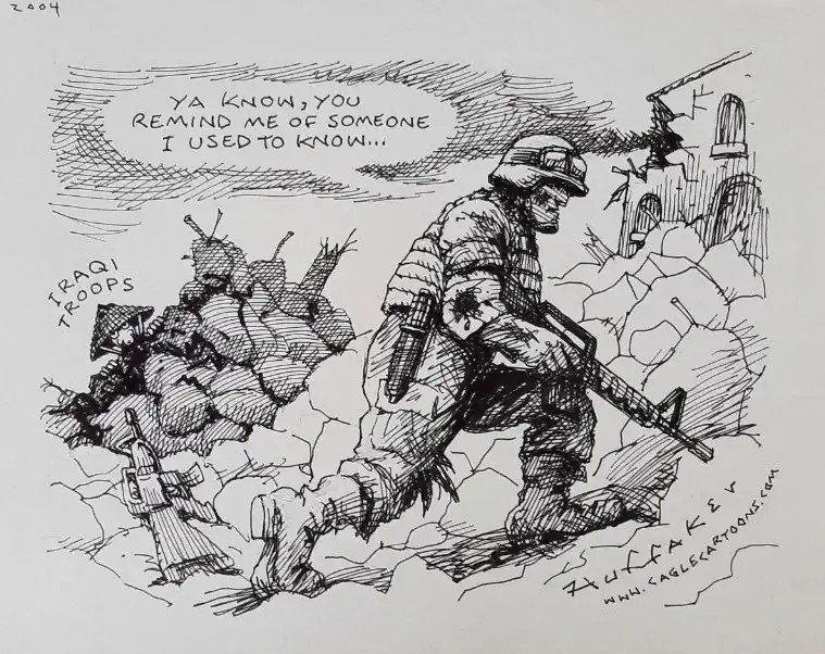 Spotprenten met het onderwerp de Irak oorlog