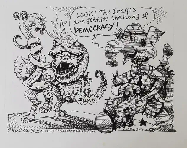 Spotprenten met het onderwerp de Irak oorlog