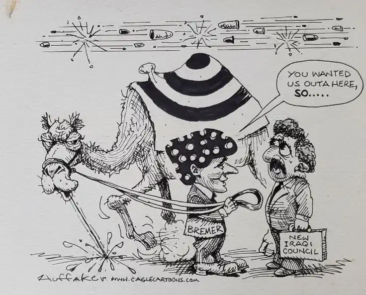 Spotprenten met het onderwerp de Irak oorlog