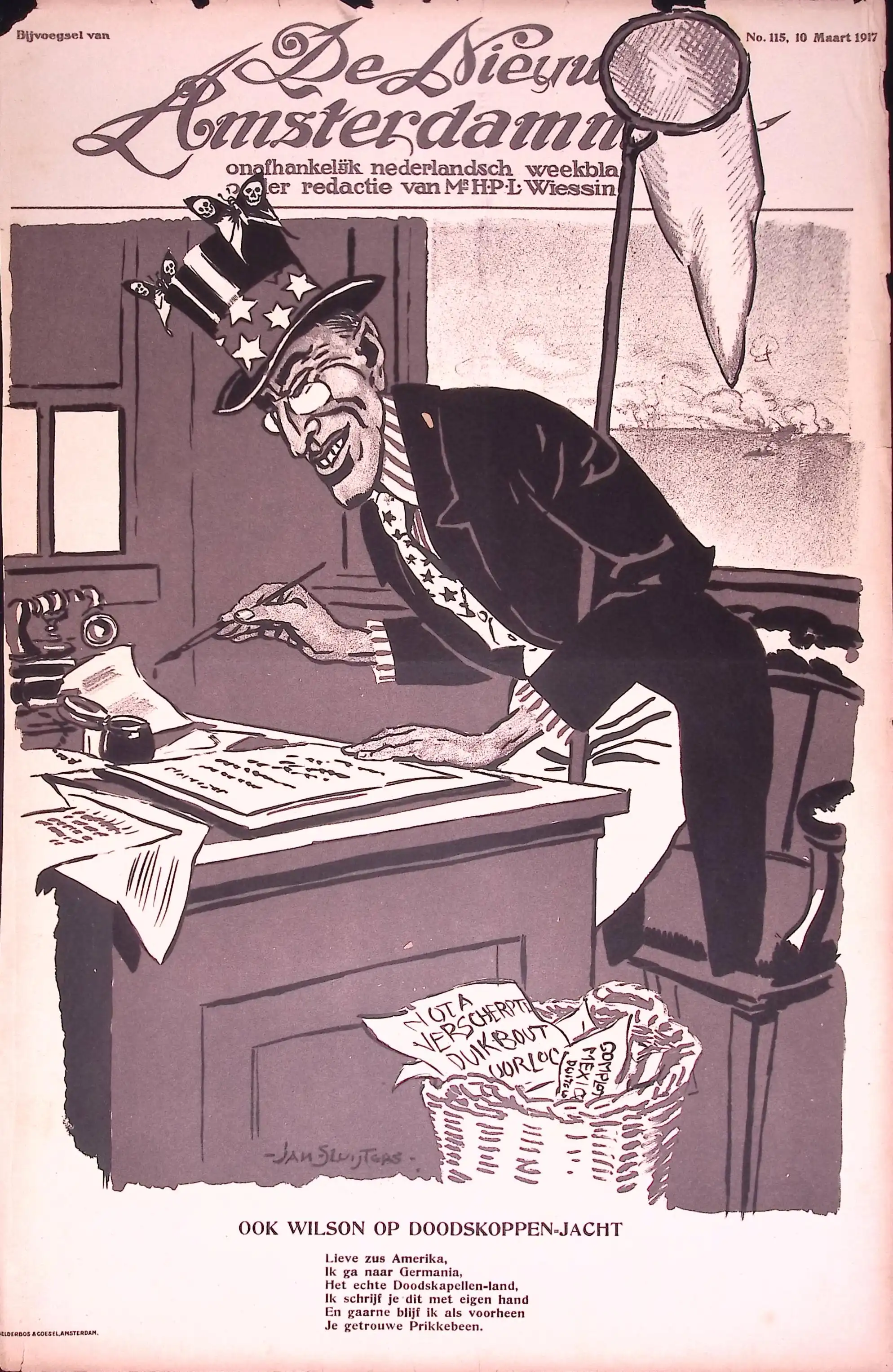 Jan Suijters - Spotprent over politieke houding Amerika tijdens Eerste Wereldoorlog 1917 spotprenten gedurende de eerste wereldoorlog